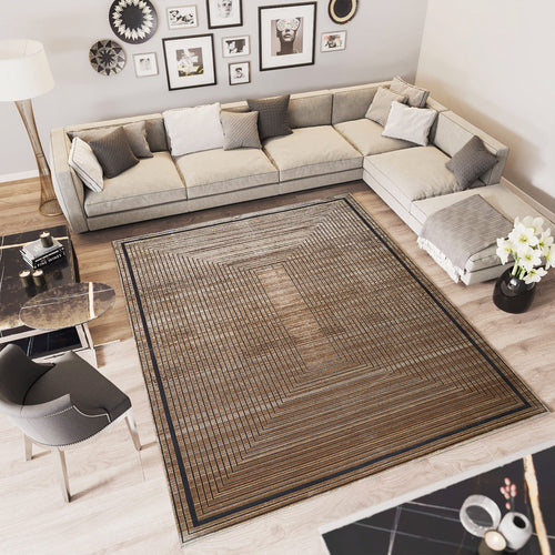 Viscose Area Rug – Machine Made Brown Frame Carpet for Living Room Luxury