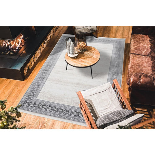Grey Area Rug – Machine Made Durable Flatweave Carpet with Stylish Frame Design