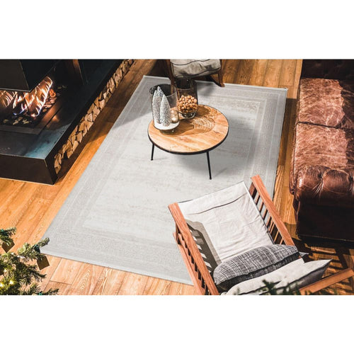 Machine Made Area Rug – Beige Frame Design Rug | Non Slip, Washable Floor Covering