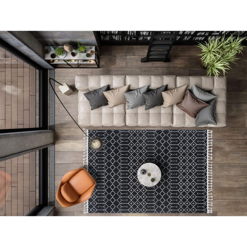 Black Geometric Area Rug – Machine Made Microfiber Carpet, 9mm Pile Height