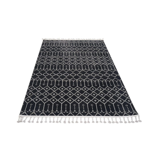Black Geometric Area Rug – Machine Made Microfiber Carpet, 9mm Pile Height