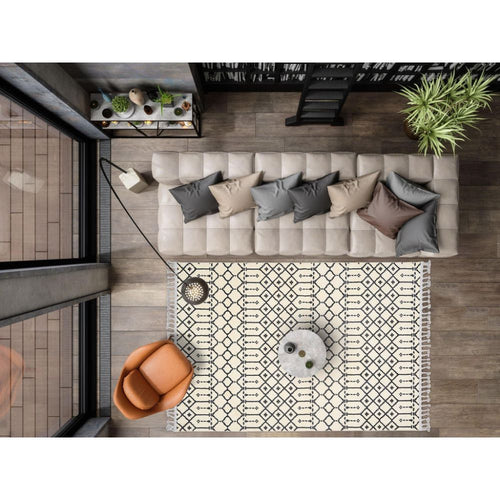 Cream Geometric Area Rug – Machine Made Microfiber Carpet, 9mm Pile Height