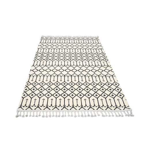 Cream Geometric Area Rug – Machine Made Microfiber Carpet, 9mm Pile Height