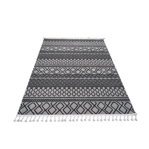 Light Grey Area Rug – Geometric Microfiber Machine Made Carpet with 9mm Pile