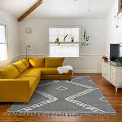 Dark Grey Area Rug - Machine Made Geometric Flatweave Carpet for Modern Living Room