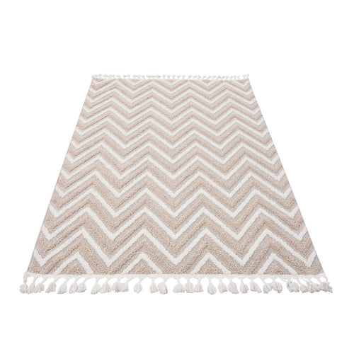 Machine Made Area Rug - Scandinavian Style Cream Zigzag Pattern Carpet