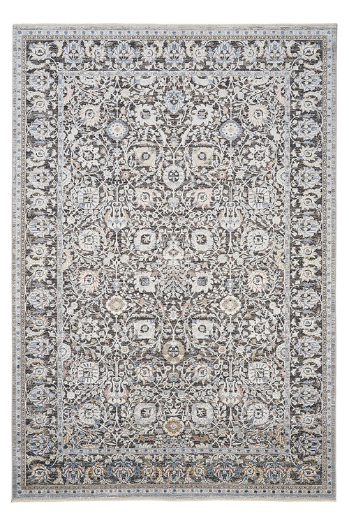 Grey Viscose Area Rug – Machine Made Flatweave Frame Carpet for Living Room