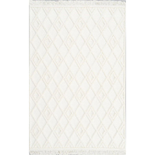 Cream Geometric Area Rug - Machine Made Rug With 20 mm Pile Height & Soft Texture