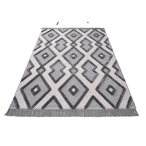 Light Grey Area Rug – Geometric Machine Made Rug with Soft Texture & Non Slip