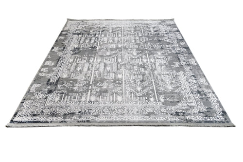 Grey Vintage Area Rug – Machine Made Rug with Fringed Edge for Living Room