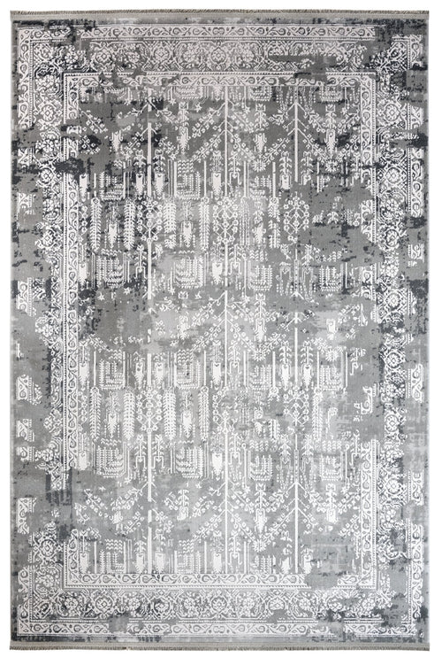 Grey Vintage Area Rug – Machine Made Rug with Fringed Edge for Living Room