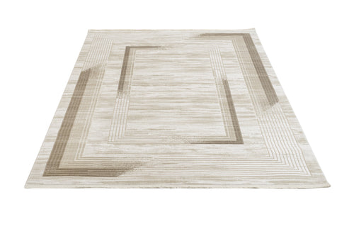Machine Made Area Rug – Cream Frame Rug With Fringed Edge, Durable Acrylic Carpet