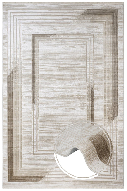 Machine Made Area Rug – Cream Frame Rug With Fringed Edge, Durable Acrylic Carpet