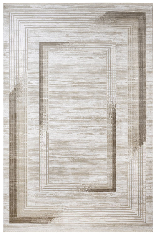 Machine Made Area Rug – Cream Frame Rug With Fringed Edge, Durable Acrylic Carpet