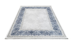 Blue Frame Area Rug - Machine Made Acrylic Rug With Fringed Edges For Living Room