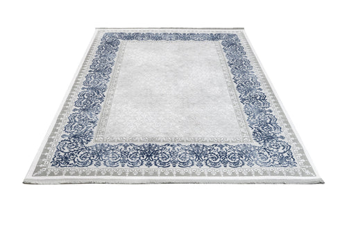 Blue Frame Area Rug - Machine Made Acrylic Rug With Fringed Edges For Living Room