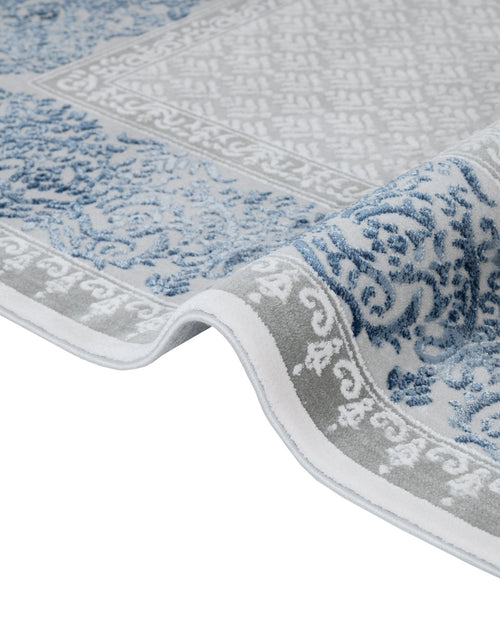 Blue Frame Area Rug - Machine Made Acrylic Rug With Fringed Edges For Living Room