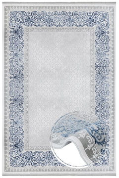 Blue Frame Area Rug - Machine Made Acrylic Rug With Fringed Edges For Living Room
