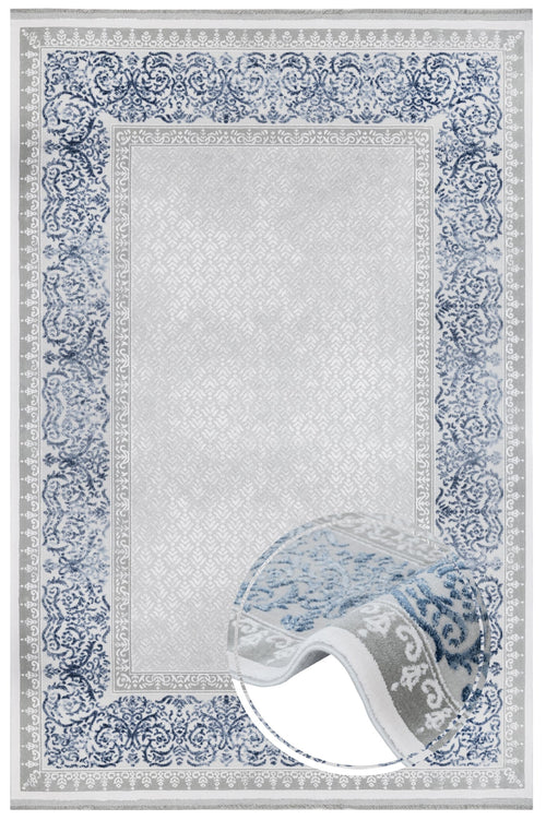 Blue Frame Area Rug - Machine Made Acrylic Rug With Fringed Edges For Living Room