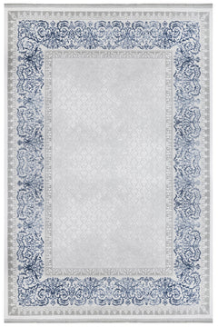 Blue Frame Area Rug - Machine Made Acrylic Rug With Fringed Edges For Living Room