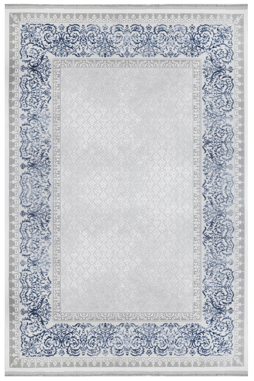 Blue Frame Area Rug - Machine Made Acrylic Rug With Fringed Edges For Living Room