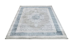 Machine Made Area Rug - Stylish Beige Blue Rug with Fringed Edges, Acrylic