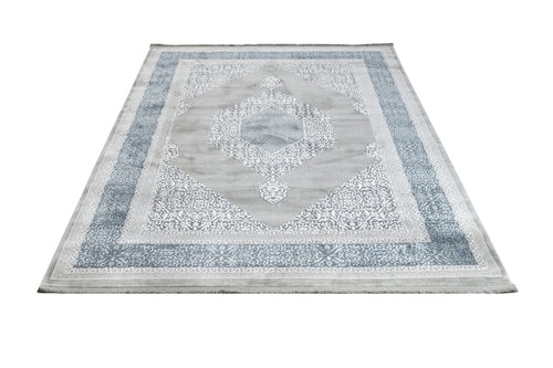 Machine Made Area Rug - Stylish Beige Blue Rug with Fringed Edges, Acrylic