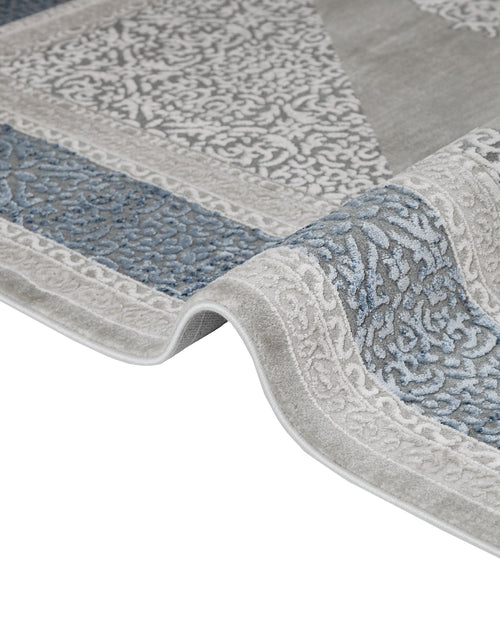 Machine Made Area Rug - Stylish Beige Blue Rug with Fringed Edges, Acrylic