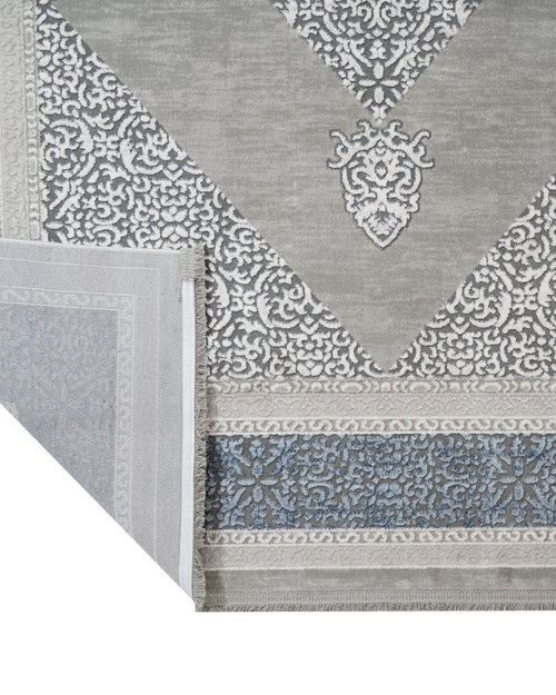 Machine Made Area Rug - Stylish Beige Blue Rug with Fringed Edges, Acrylic