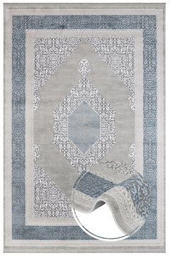 Machine Made Area Rug - Stylish Beige Blue Rug with Fringed Edges, Acrylic