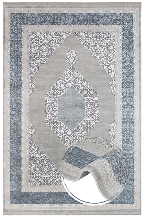 Machine Made Area Rug - Stylish Beige Blue Rug with Fringed Edges, Acrylic