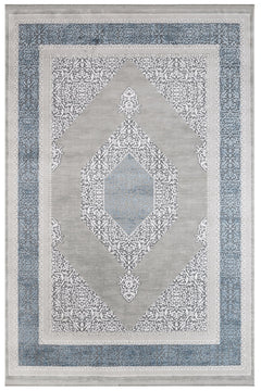 Machine Made Area Rug - Stylish Beige Blue Rug with Fringed Edges, Acrylic