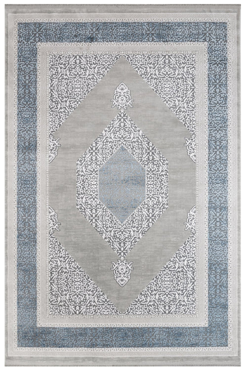 Machine Made Area Rug - Stylish Beige Blue Rug with Fringed Edges, Acrylic