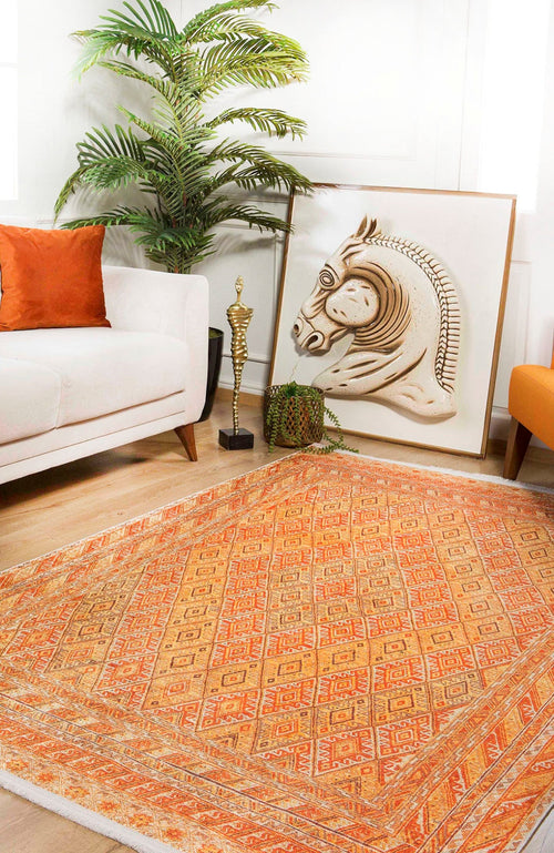 Orange Geometric Area Rug – Digital Print, Non Slip, Antibacterial Carpet