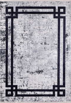 Grey Digital Print Rug - Modern Frame Design Area Rug | Non Slip, Washable