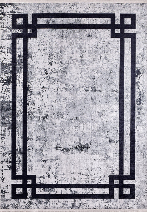 Grey Digital Print Rug - Modern Frame Design Area Rug | Non Slip, Washable