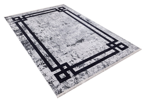 Grey Digital Print Rug - Modern Frame Design Area Rug | Non Slip, Washable