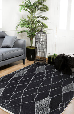 Black Geometric Area Rug - Modern Digital Print Carpet, Non Slip & Washable