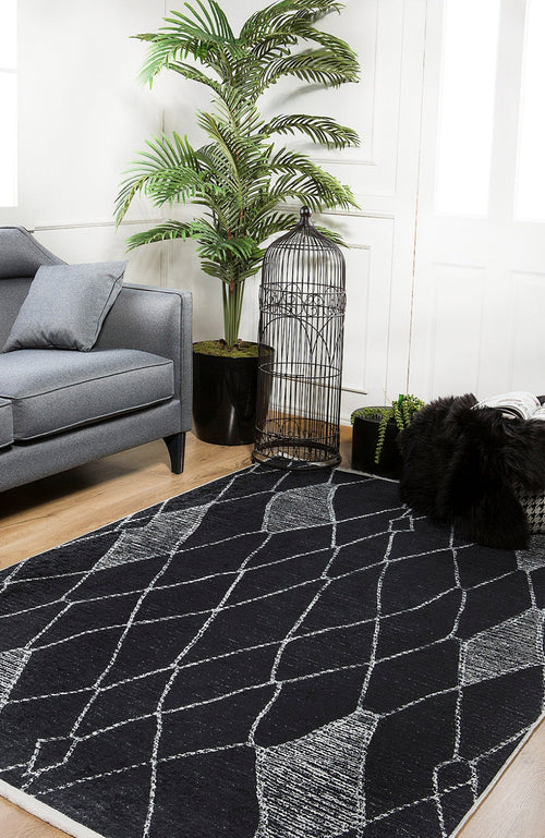 Black Geometric Area Rug - Modern Digital Print Carpet, Non Slip & Washable