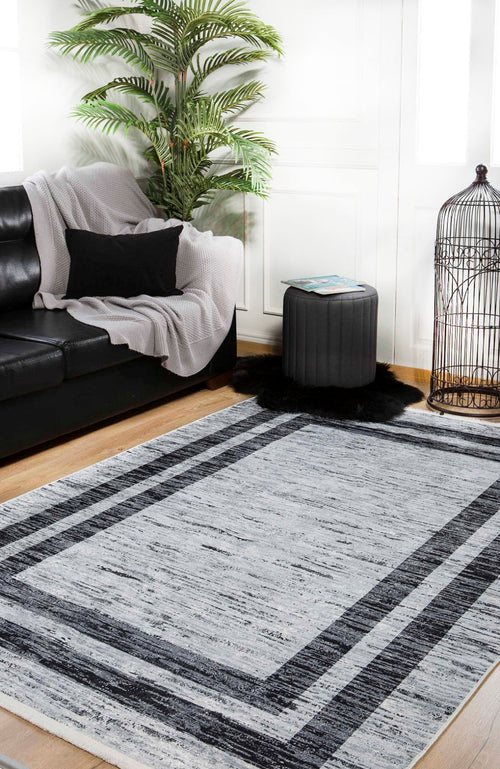 Grey Area Rug - Digital Print Frame Design Carpet | Non Slip Washable Floor Covering