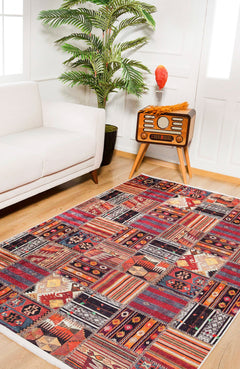 Burgundy Patchwork Rug – Digital Print Area Rug | Non Slip, Antibacterial Carpet