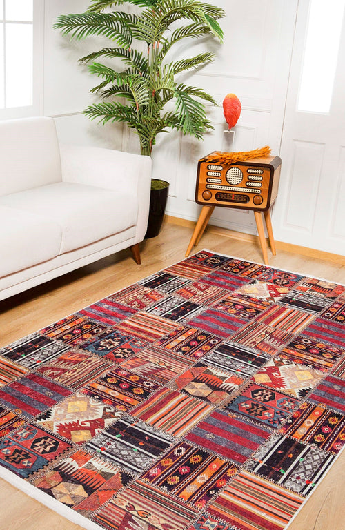 Burgundy Patchwork Rug – Digital Print Area Rug | Non Slip, Antibacterial Carpet