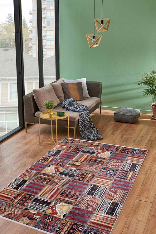 Burgundy Patchwork Rug – Digital Print Area Rug | Non Slip, Antibacterial Carpet