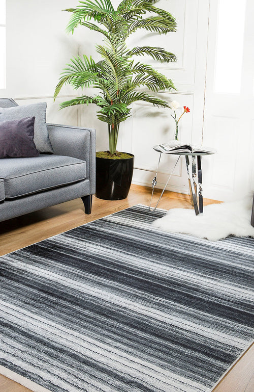 Anthracite Striped Rug - Digital Print Area Carpet, Non Slip & Antibacterial