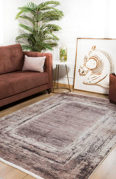 Digital Print Area Rug – Brown Frame Non Slip Antibacterial Carpet for Living Room
