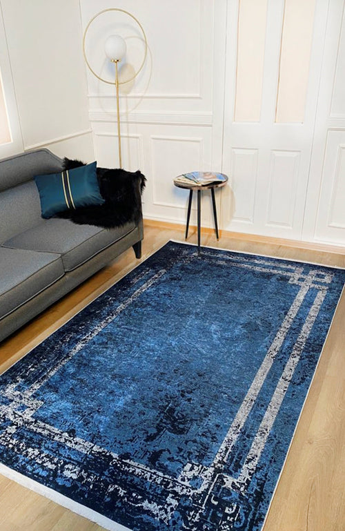 Blue Frame Area Rug – Digital Print Non Slip Washable Carpet for Living Room