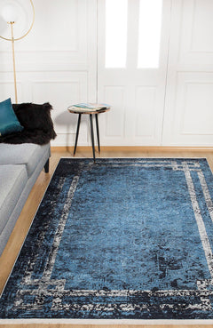 Blue Frame Area Rug – Digital Print Non Slip Washable Carpet for Living Room