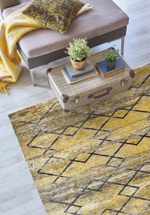 Yellow Geometric Area Rug - Digital Print Non Slip Antibacterial Carpet