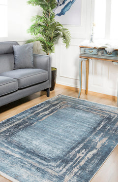 Blue Area Rug - Vyazma Digital Print Frame Design Rug | Non Slip, Washable Carpet