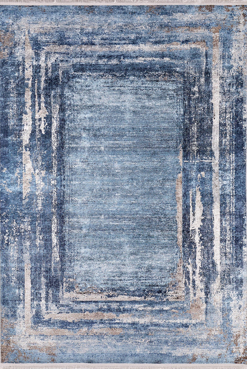 Blue Area Rug - Vyazma Digital Print Frame Design Rug | Non Slip, Washable Carpet